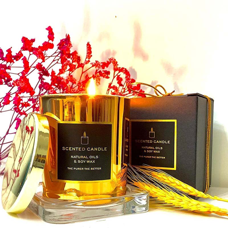 New Luxurious Highly Strong Scented Natural Soy Golden Metal lidded Rose Gold Glass jar Relaxing Aromatherapy Candle